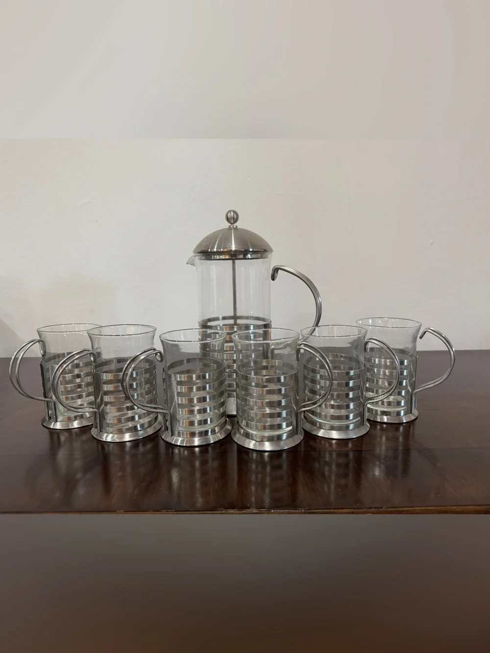 Glass French Press Coffee Set with Silver Stainless Steel Frame - Silver